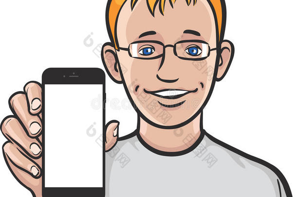 蓝眼睛的男人在智能手机上显示一个移动应用程序