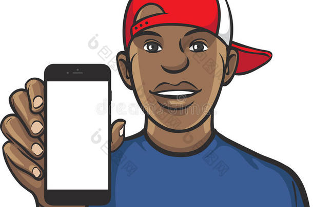 戴帽子的黑人在智能手机上显示了一个移动应用程序