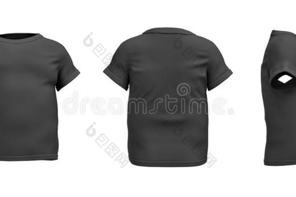 三维渲染黑色t恤在真实的脂肪形状在侧面，正面和背面的白色背景。