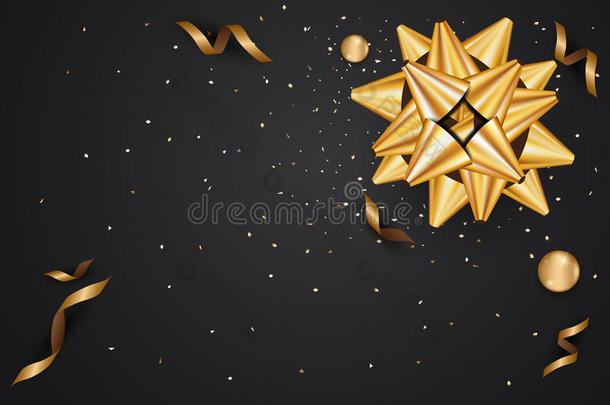 抽象背景与金色礼品弓和星星，五彩纸屑黄金