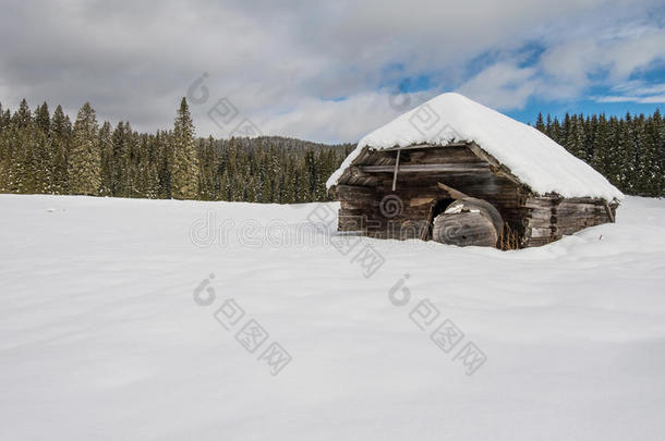 阿尔卑斯山背景寒冷的小屋乡村