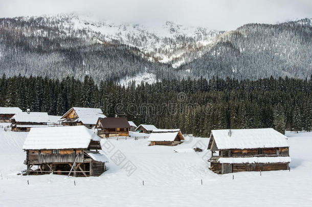 阿尔卑斯山背景寒冷的小屋乡村