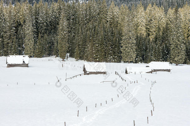 阿尔卑斯山背景寒冷的小屋乡村