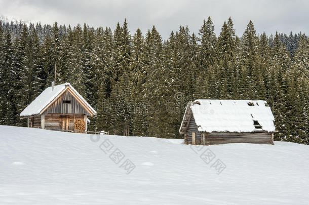 阿尔卑斯山背景寒冷的小屋乡村