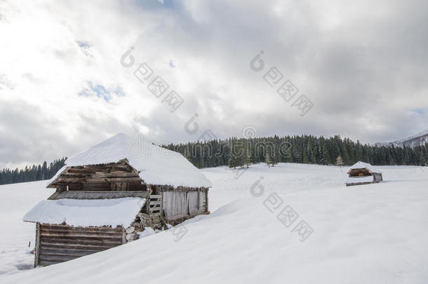 阿尔卑斯山背景寒冷的小屋乡村