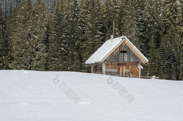 阿尔卑斯山背景寒冷的小屋乡村