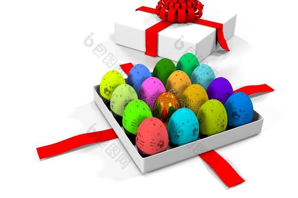 复活节彩蛋在礼品盒3D渲染