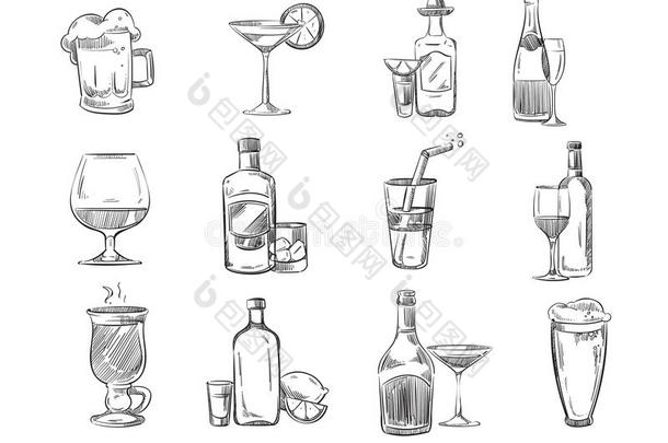 涂鸦素描鸡尾酒和酒精饮料在玻璃。 手绘矢量股票