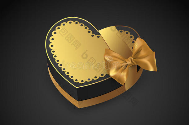 心形的金色盒子。 情人节`巧克力。 带着爱的生日礼物。 奢侈的礼物。 矢量插图。