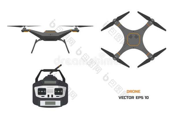 白色背景上的灰色无人机。 四翼飞机的控制面板。 前面，顶部视图