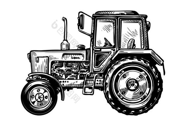 手绘农用卡车拖拉机。 运输草图矢量插图