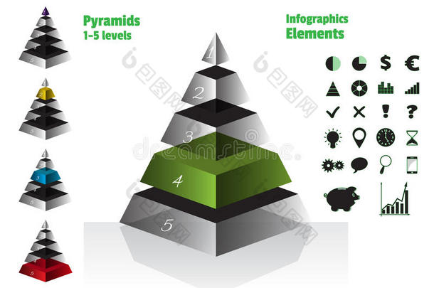 绿色等距对称<strong>金字</strong>塔图表，图5级与玻璃<strong>纹理</strong>。 元素信息图形。 矢量