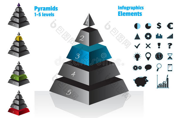 蓝色等距对称金字塔图，图5级梯度，金属纹理。 元素信息图形