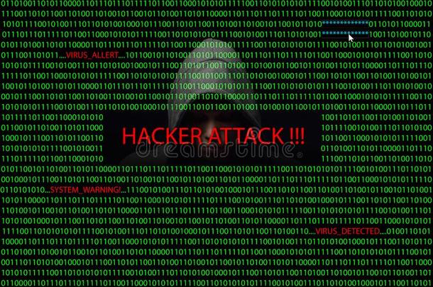 黑客在屏幕上使用二进制代码和警告消息