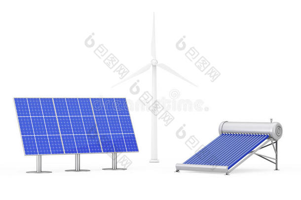 蓝色太阳能电池板，风车和<strong>热水器</strong>面板。 三维渲染