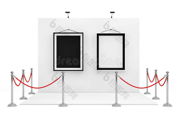 贸易展览摊位周围的屏障绳与黑白相框。 三维渲染