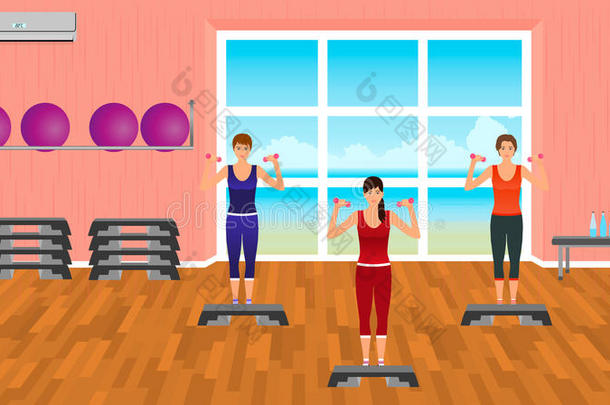 健身的人穿着运动服。 健身房里的一群女人。 体育人物。 健康生活方式的概念。