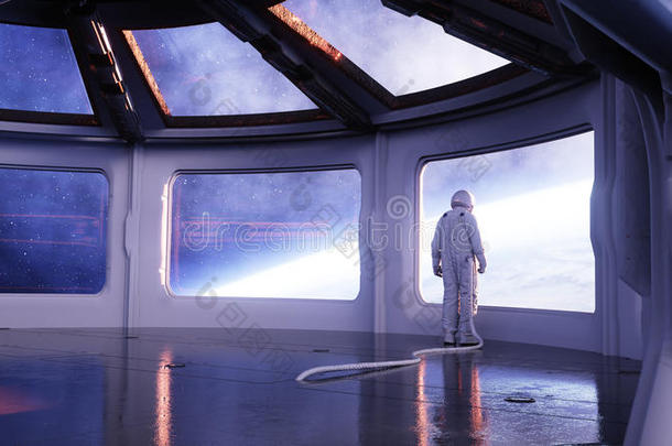 未来主义内部的独自宇航员。 地球的SCIFI房间视图。 三维渲染。