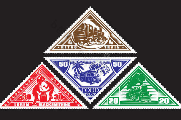四种彩色邮票图案，有<strong>老式火车</strong>、铁匠、食品卡车