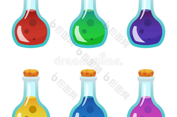 彩色药水瓶图标设置。 为游戏设计和Web应用程序设置资产。