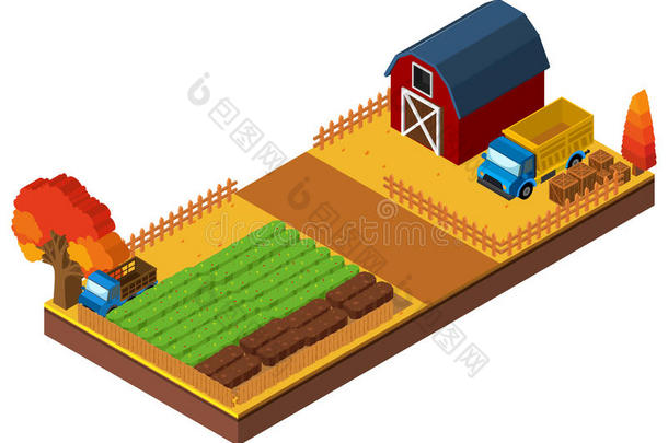 带有谷仓和作物的农家<strong>庭院</strong>的三维<strong>设计</strong>