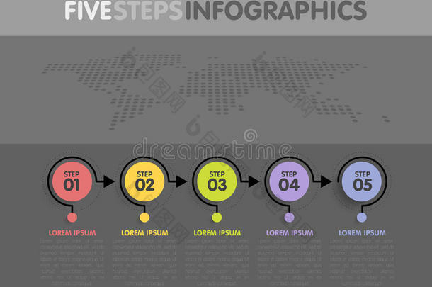 业务信息图表模板。 时间线有5个圆圈箭头步骤，五个数字选项。 背景中的世界地图。 矢量元素