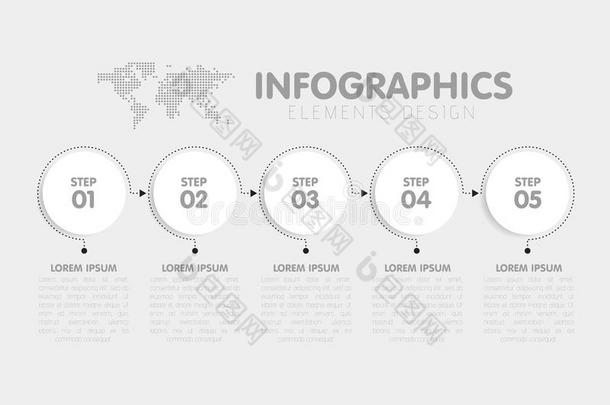 业务信息<strong>图表模板</strong>。 时间线有5个圆圈<strong>箭头</strong>步骤，五个数字选项。 背景中的世界地图。 矢量元素