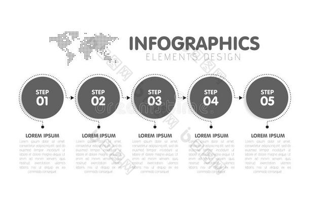 业务信息图表模板。 时间线有5个圆圈箭头步骤，五个数字选项。 背景中的世界地图。 矢量元素