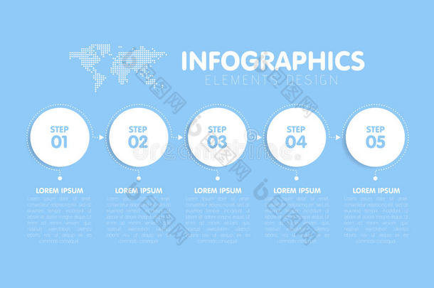 业务信息图表模板。 时间线有5个圆圈箭头步骤，五个数字选项。 背景中的世界地图。 矢量元素