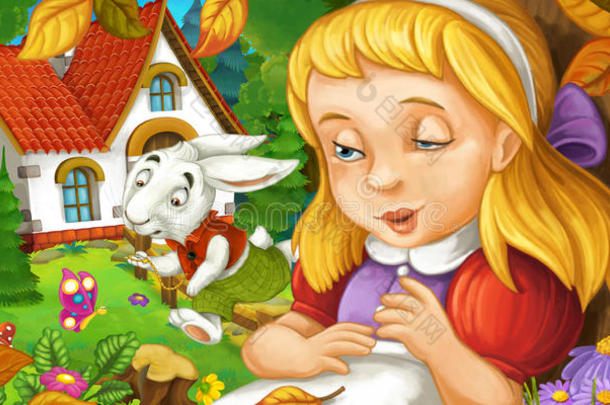 森林里的卡通场景，小女孩睡在<strong>树下</strong>，靠近可爱的农舍，醒来后看到兔子在跑