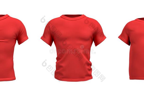 三维渲染红色t恤在现实的苗条，肌肉和脂肪形状在前面的视野在白色背景。