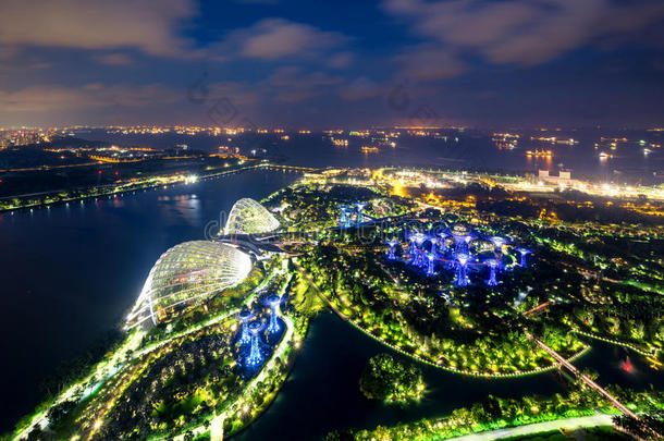 新加坡滨海湾附近新加坡花园的空中夜景。