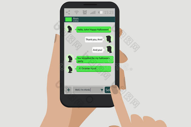 双手拿着智能手机。 社会网络概念。 矢量。 信使窗口。 c