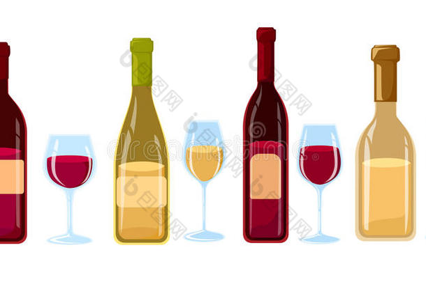 不同种类的酒瓶没有标签，扁平的设计说明酒瓶和眼镜与各种类型的葡萄酒