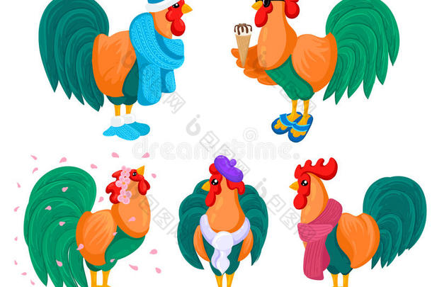 五颜六色的农场鸟类收藏。 公鸡、母鸡、小鸡和鸡蛋的矢量插图。 矢量新年符号设计。