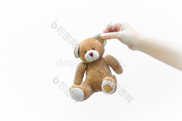 手女人抱着耳朵棕色泰迪熊玩具在白色