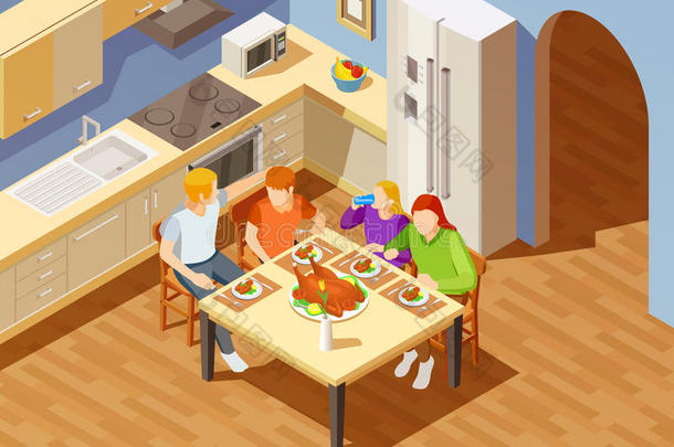 厨房等距图像中的家庭晚餐