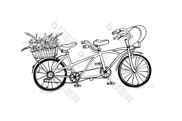 手绘串联城市自行车与花篮。 复古复古风格。 草图矢量插图。