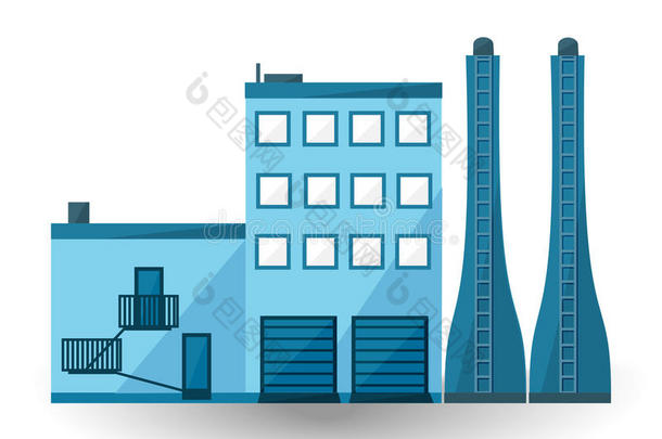 蓝色工厂，平面插图工业工厂，