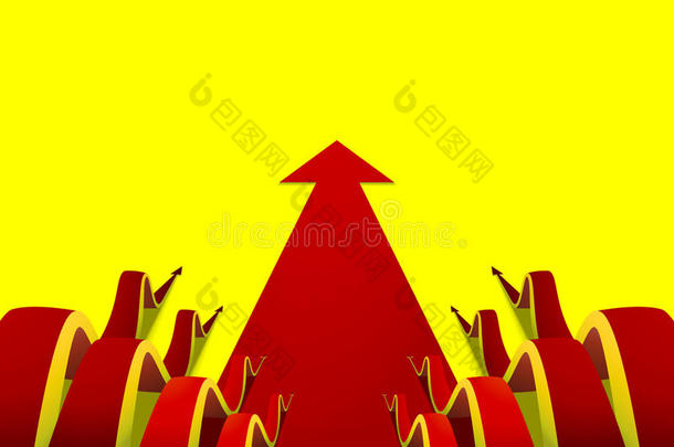 八个波浪状的红色箭头向前爬行在平箭头黄色背景上