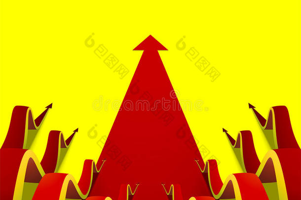 八个波浪状的红色箭头向前爬行，用于黄色背景上的大平箭头