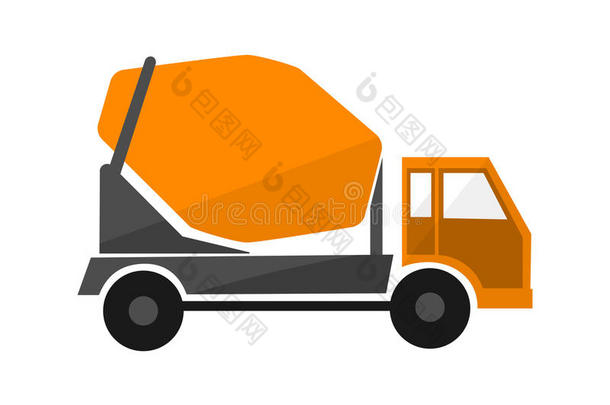 混凝土搅拌车。 平面设计。 工业运输。 建筑机器。 带搅拌机的橙色卡车。