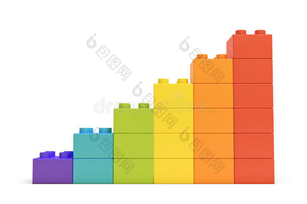 彩色楼梯的三维渲染，由许多砖块在白色背景上。