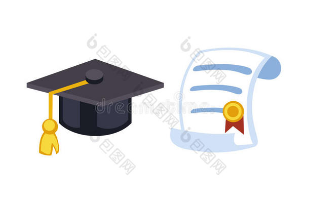 毕业帽文凭帽子图标庆祝矢量插图。 大学生典礼的象征。 成就