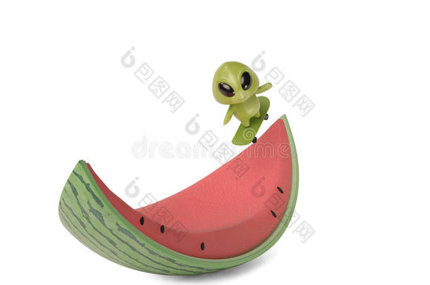 一个小绿色怪物滑板上的西瓜，三维插图。