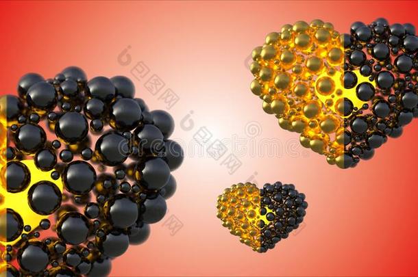 金色和黑色鱼子酱心由<strong>球体</strong>制成，背景明亮。 快乐的妇女日3D插图