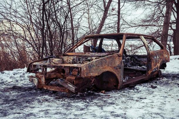 冬天公园发生火灾后烧毁了汽车。