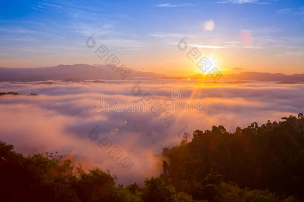 早上在雾蒙蒙的热带森林上美丽的日出，长时间的曝光摄影。
