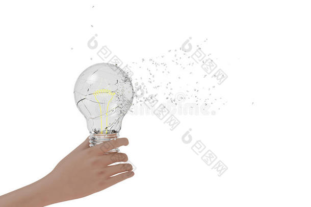一只手拿着爆炸的灯泡，三维渲染。