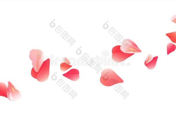 在白色背景上分离出浅粉色红色花瓣。 玫瑰花瓣。 落下的樱花。 矢量EPS10CMYK
